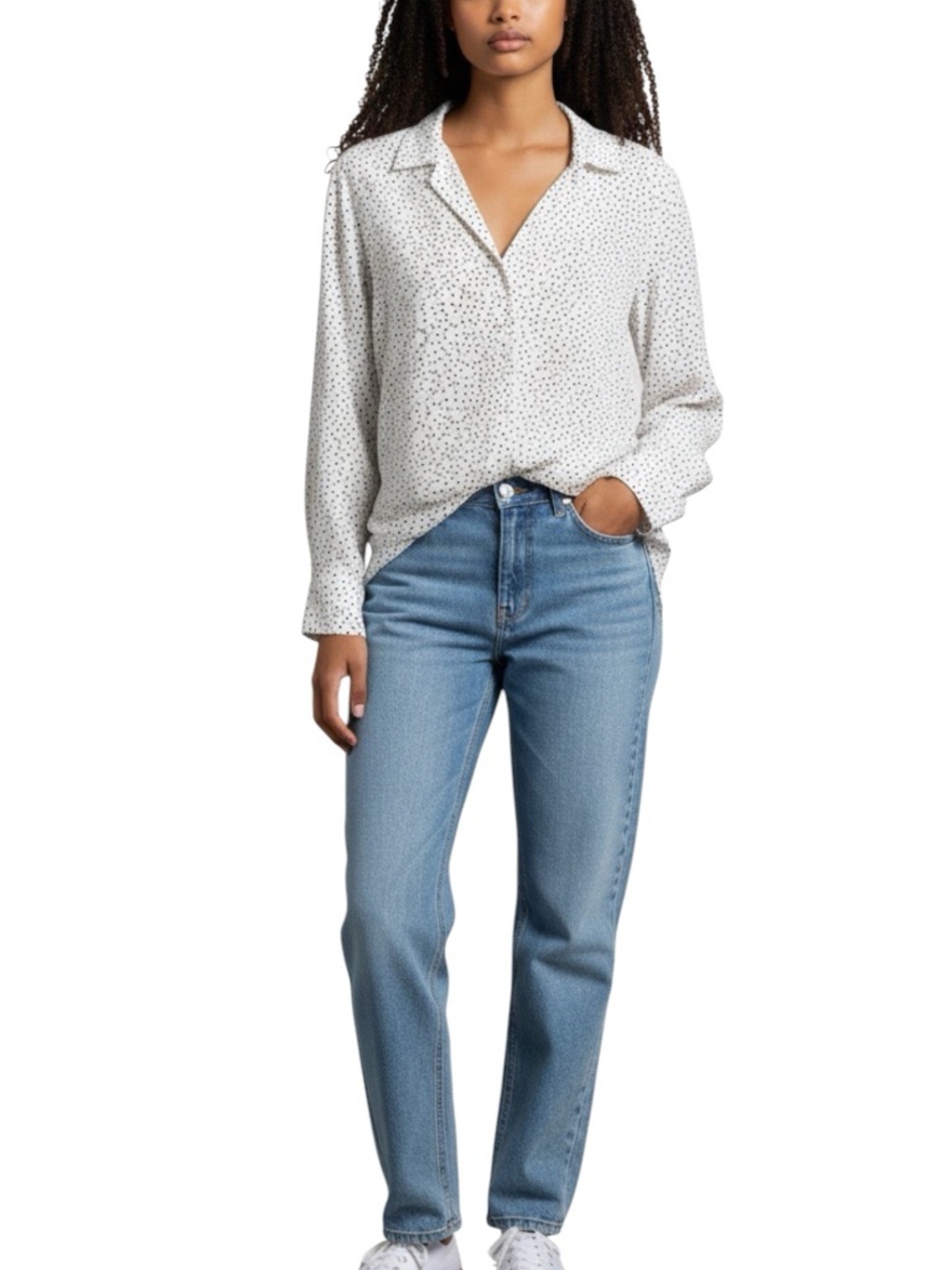 BeachLunchLounge Polka Dot Collar Button Front Back Split Blouse